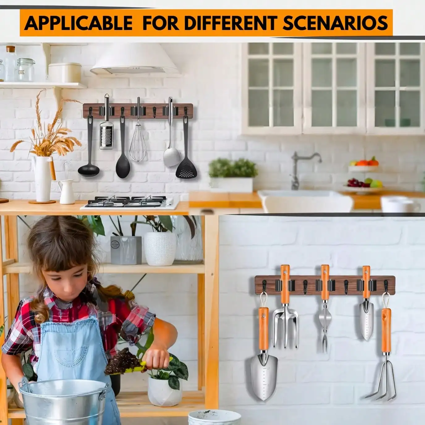 Mop Broom Holder Heavy Duty Stainless Steel WOODEN Wall Mounted Tool Organizer with Hooks for Home Bathroom Kitchen Garden - view 6