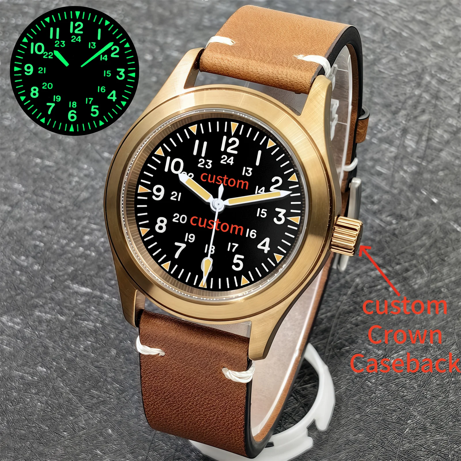 Customize 39mm Vintage Brass Pilot Aviator Men's Automatic Watches Domed Sapphire NH35A Miyota8215 Movement Waterproof Luminous