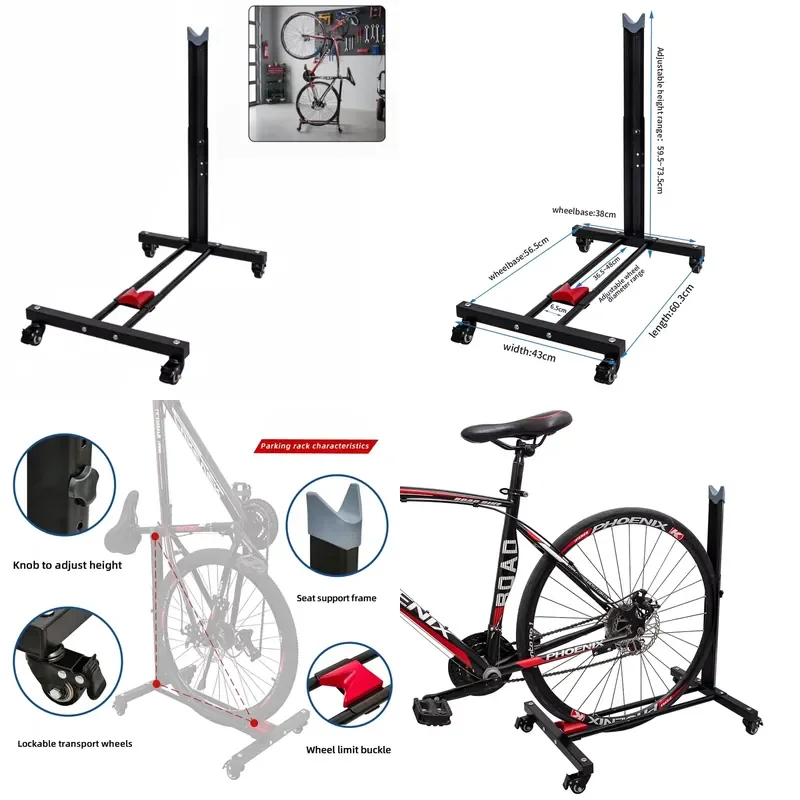 Universal Bicycle Rack with Wheels & Brakes Adjustable Height Steel Frame Portable Home&Garage Bicycle Display Stand