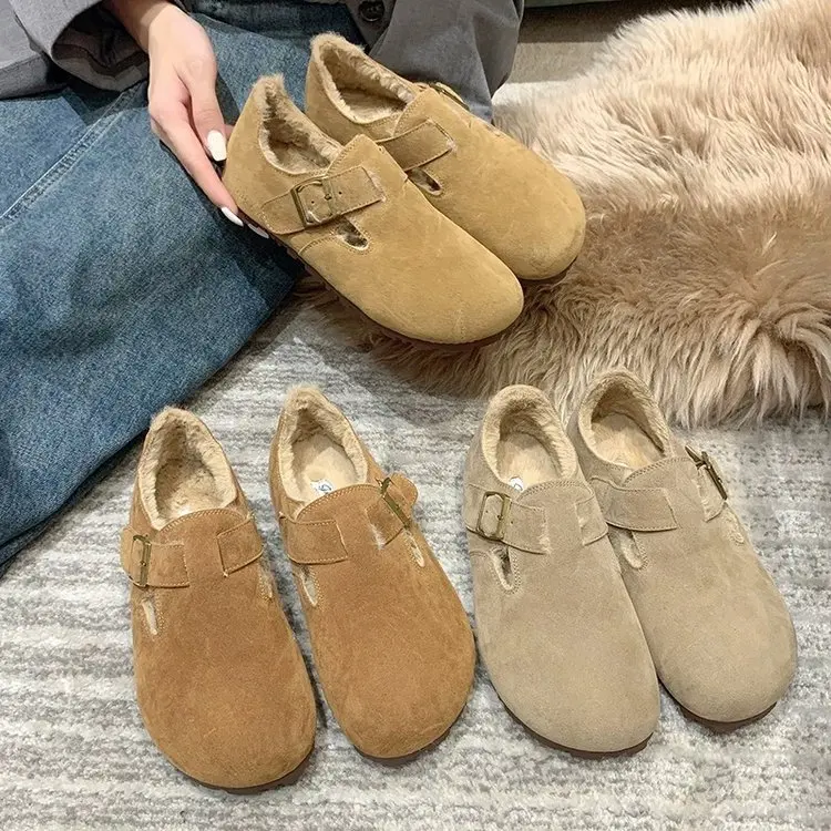 

2026 New Women's Furry Slip-On Slippers Half Slippers Fur Lined Outdoor Wearable Birkenshoes round Toe Low Heel Casual Shoes