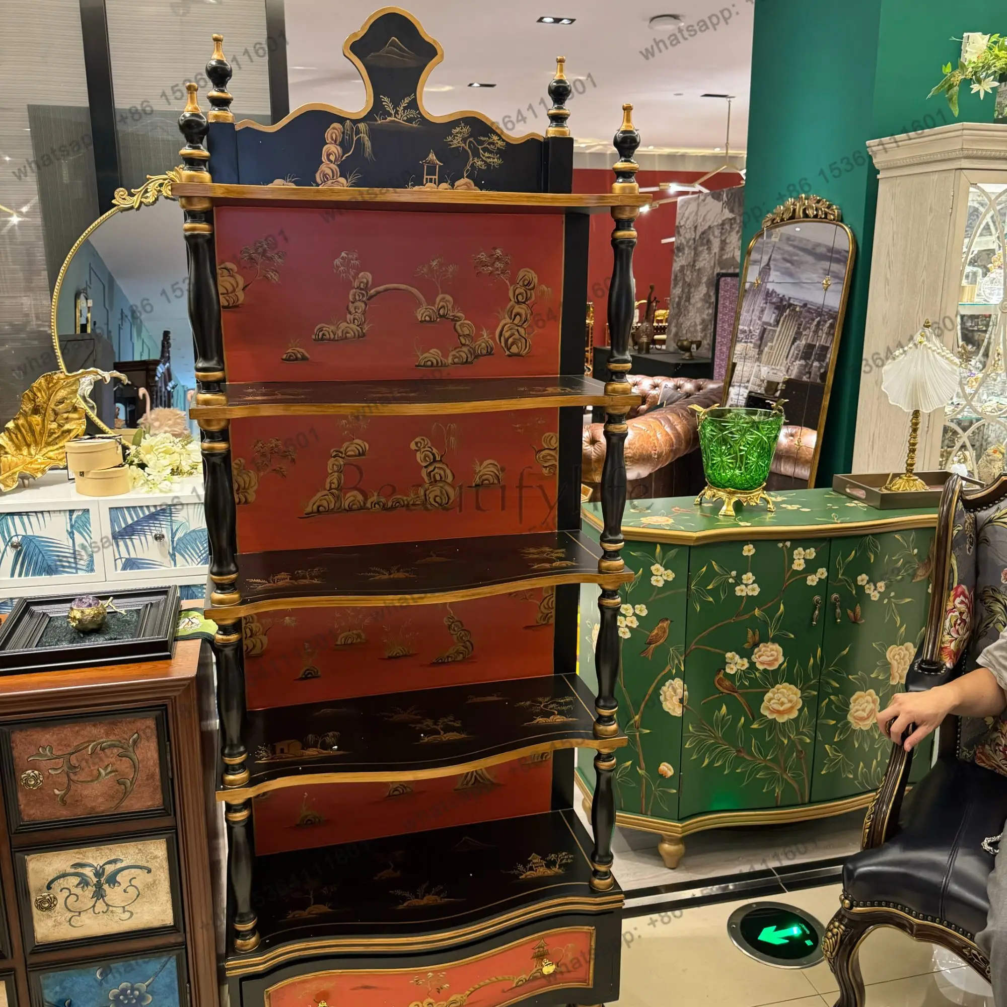 LD French vintage painted mountain view five-tier luxury storage shelf storage display cabinet