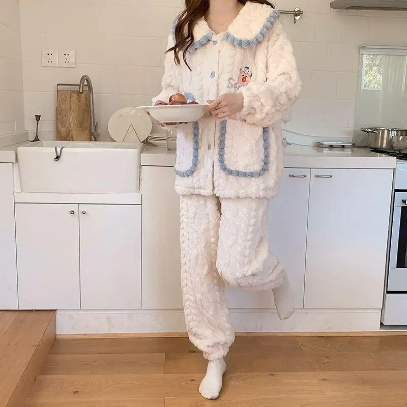 

Женская пижама Sanrio Hangyodon из кораллового флиса, домашняя одежда для женщин, осень-зима, теплая, милая, с мультяшным принтом