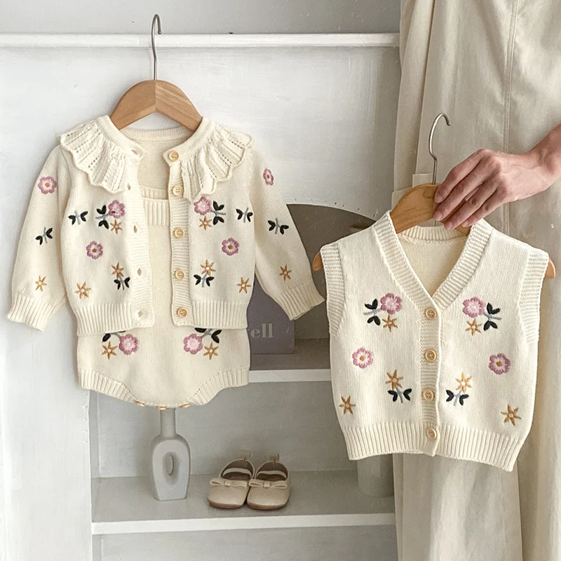 Autumn Winter Toddler Baby Girl Knitting Clothes Suit Floral Embroidery Cardigan+Jumpsuit Infant Baby Girls Knitted Clothing Set