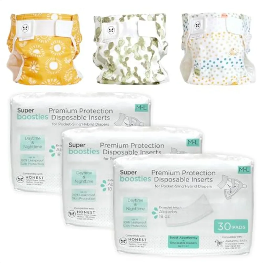 

er Boosties 90ct + Honest Hybrid Cloth Diaper Cover with PocketSling Large 2240 lbs Stops Nighttime Leaks Boosties Diaper Inse