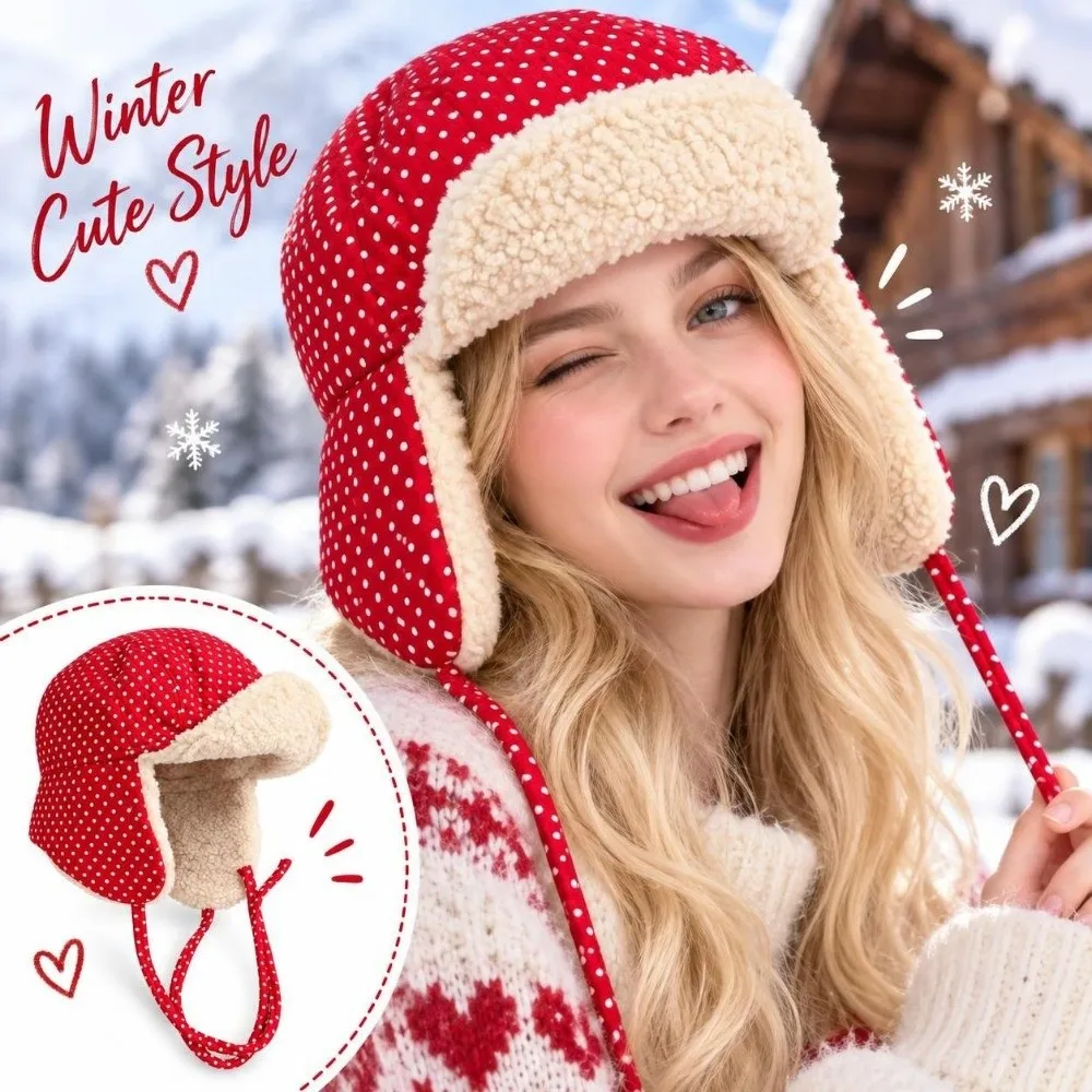 Polka Dot Pattern Ear Protection Hat Double-Sided Wear Fleece Lining Fleece Thickened Hat Warm Thickened Winter Warm Hat