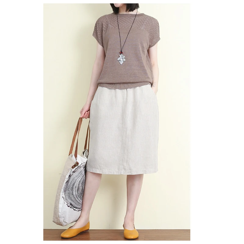 Fengbaoyu Flax Spring Summer women's Skirt Brown Elastic Waist Knee Skirt Simple Loose Comfortable Breathable Casual Clothing