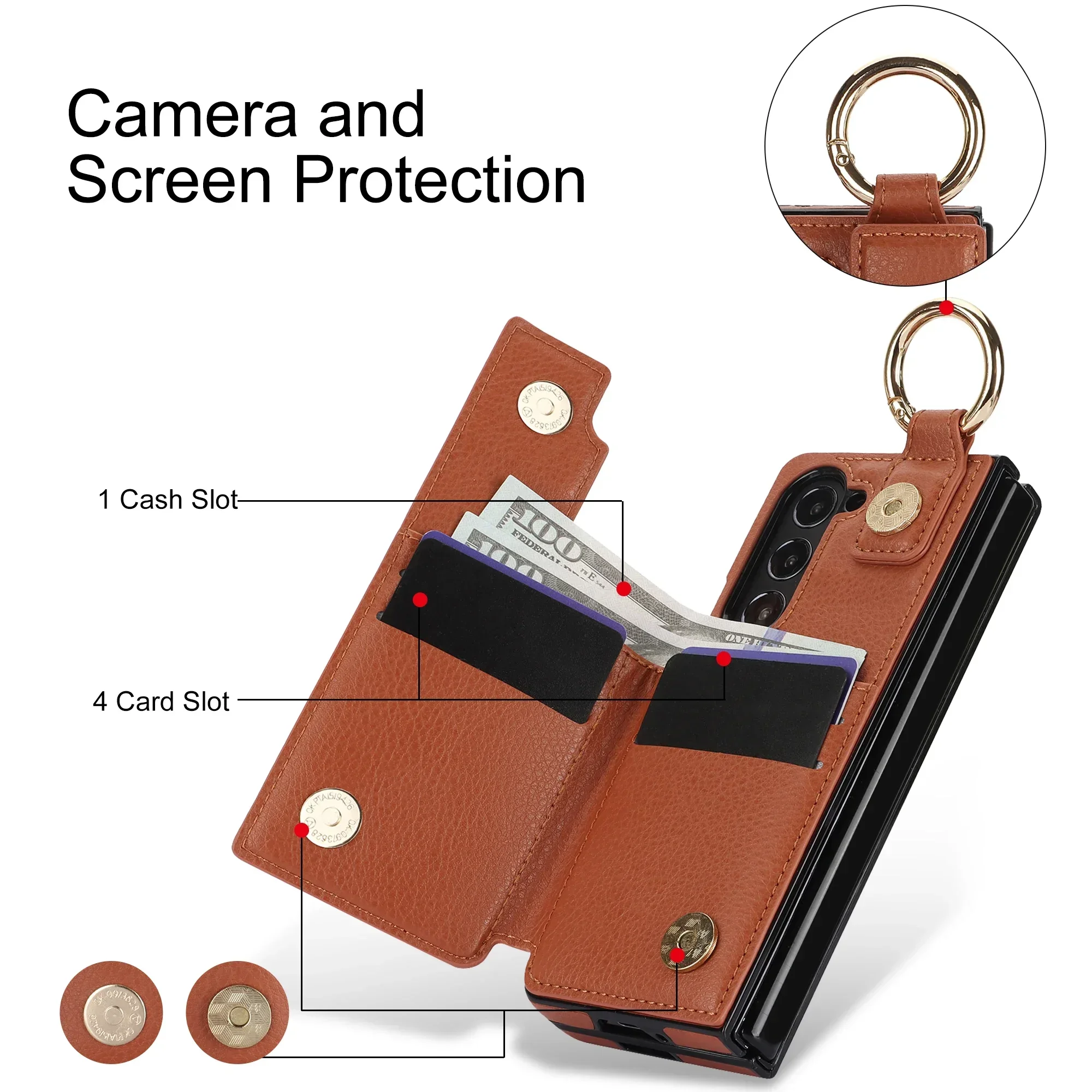 PU Leather Ring Phone Case for Samsung Galaxy Z Fold 6 5 4 3 Fold5 Fold4 Fold3 5G Wallet with Pen Holder & Card Slot (No Pen)