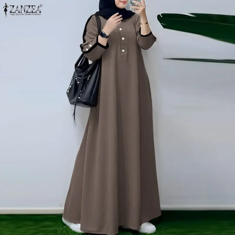Fashion Muslim Abaya Dress 2026 ZANZEA Ramadan Robe Spring Maxi Long Dress Women O Neck Long Sleeve Sundress Kaftan Eid Dresses