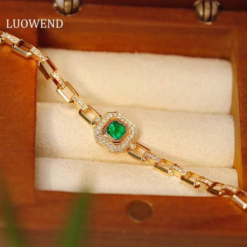 LUOWEND 18K Yellow Gold Bracelet Luxury Diamond Jewelry Natural Emerald Bracelet for Women Fashion Chain Design Party Jewelry