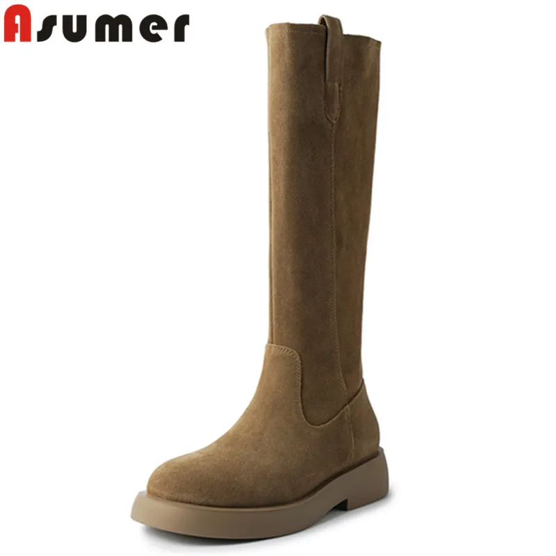 

ASUMER 2024 New Cow Suede Leather Knee High Boots Round Toe Female Autumn Winter Boots Square Med Heels Slip On Western Boots