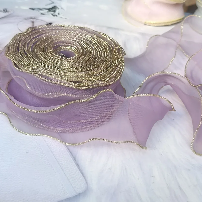 10Yards 6CM Golden Edge Silk Organza Wave Ribbon DIY Hair Bow Flower Cake Gift Box Packaging Tape Wedding Party Decoration