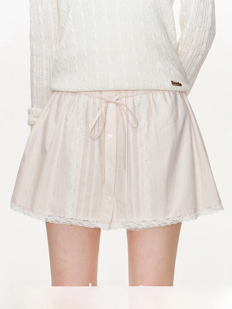 

Kroche Lace Trim A-Line Skirt Striped High Waist Cotton Casual Sle Women's Faion Spring Summer Autumn High Waist