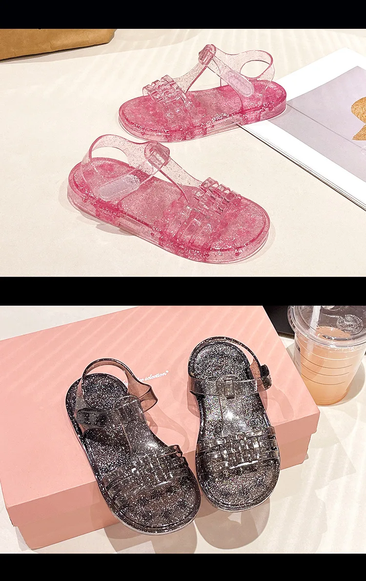2026 Neue Mädchen Glitzer-Jelly-PVC-Sandalen für Kleinkinder mit Schnallenverschluss, Retro-Geflecht und Cut-Outs, Sommer-Strandschuhe – Detail 36