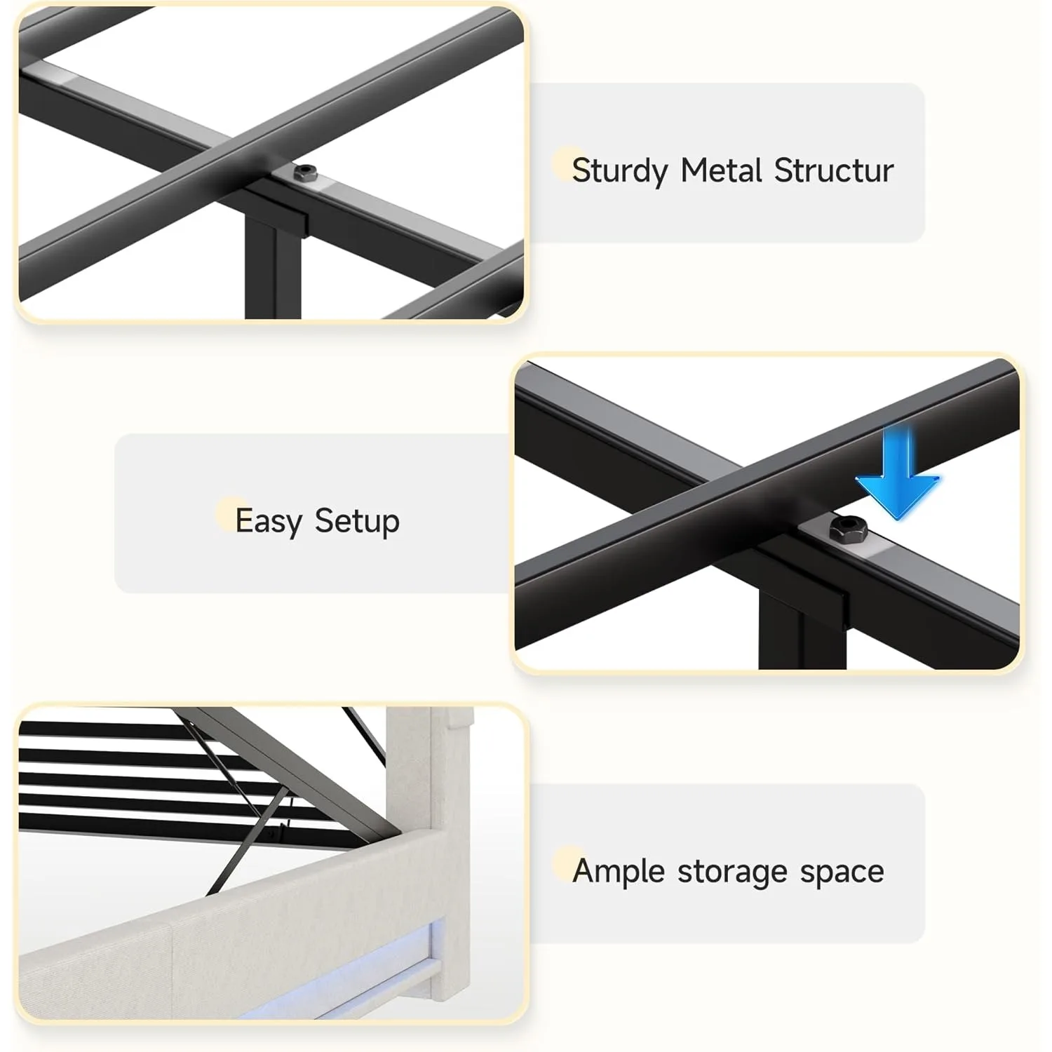 Twin Size Lift Up Bed Frame, Storage Headboard with Charging Station, LED Lights Upholstered Platform Bed, No Box Spring Needed image 6