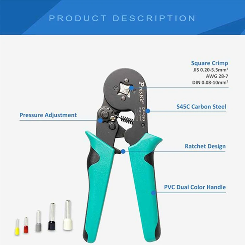 Pro'skit Self-Adjusting Terminal Crimping Pliers With Ergonomic Ratchet Mechanism S45C Steel Square Cold-Crimp Crimping Pliers