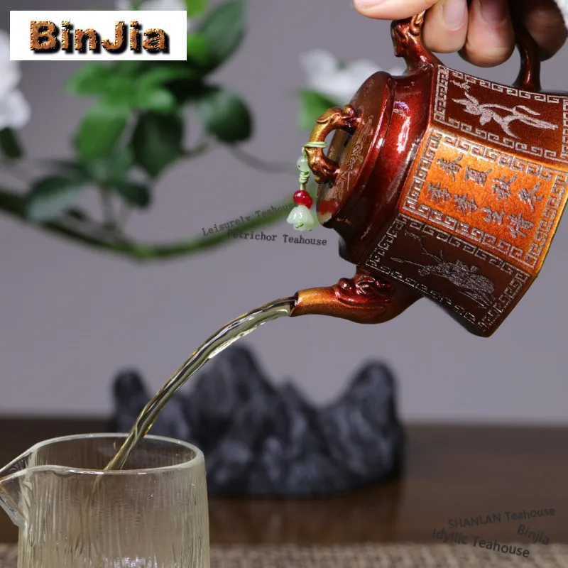 330ml Retro Yixing Purple Clay Teapots Handmade Six-sided Four Seasons Pot Raw Ore Ancient Bronze Mud Kettle Zisha Tea Set Gifts