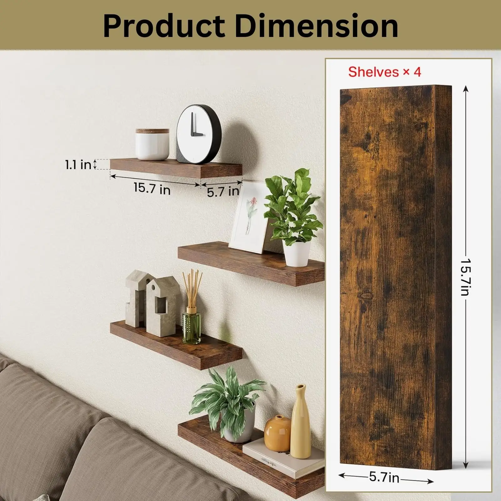 4Pcs Floating Shelves Wall Mounted Storage Rack Rustic Wooden Wall Shelves Display Shelving Organizer for Bathroom Over Toilet Kitchen Bedroom Living Room Decor Space Saving Home Organization