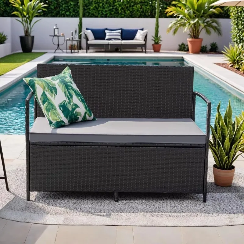 

Patio Loveseat PE Rattan Wicker Outdoor Furniture with Soft Cushions & Built-in Storage Space for Lawn Garden Backyard, Black