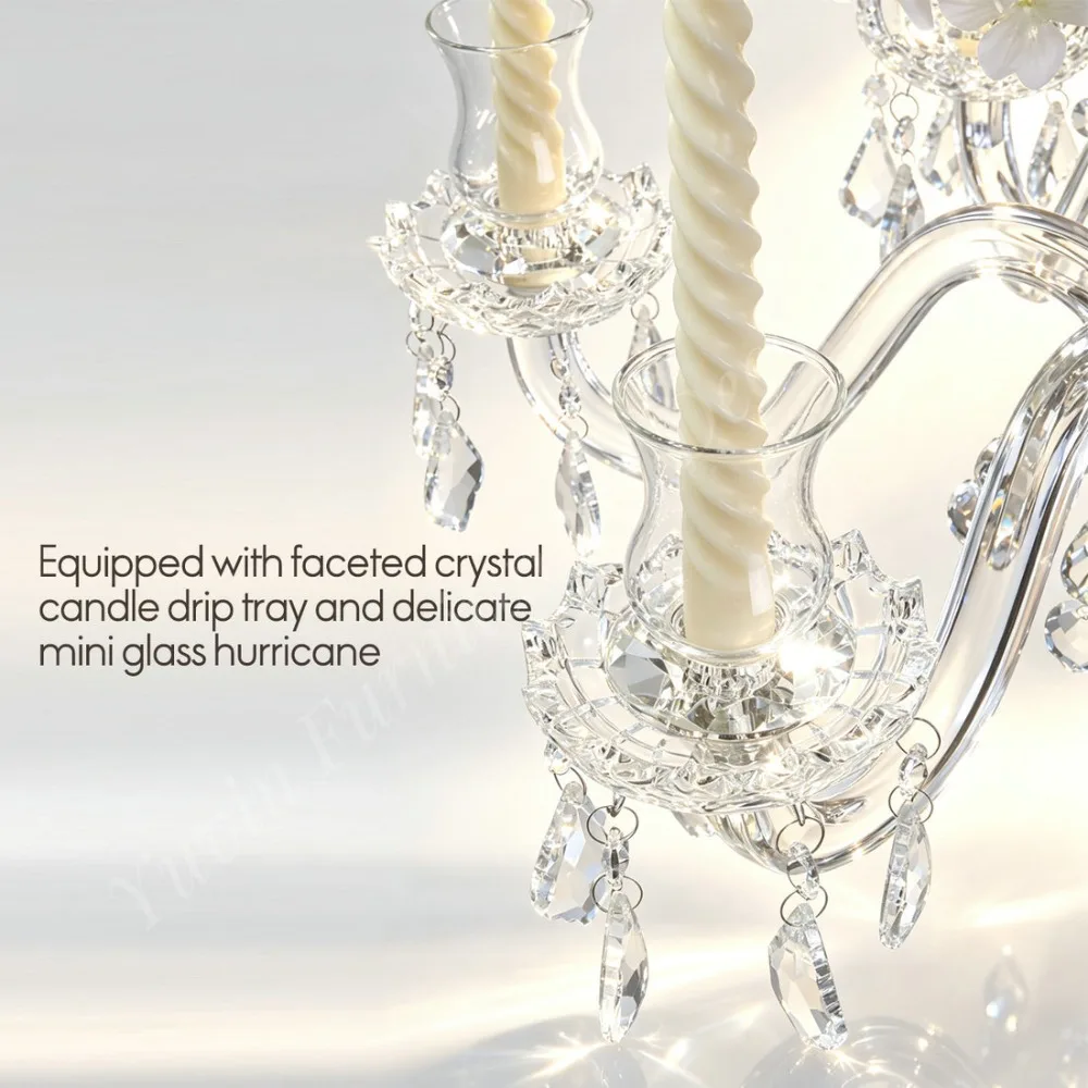 6 Light K9 Crystal Candelabra with Center Flower Vase Tall Pillar Wedding Banquet Event Table Floral Centerpiece Decor
