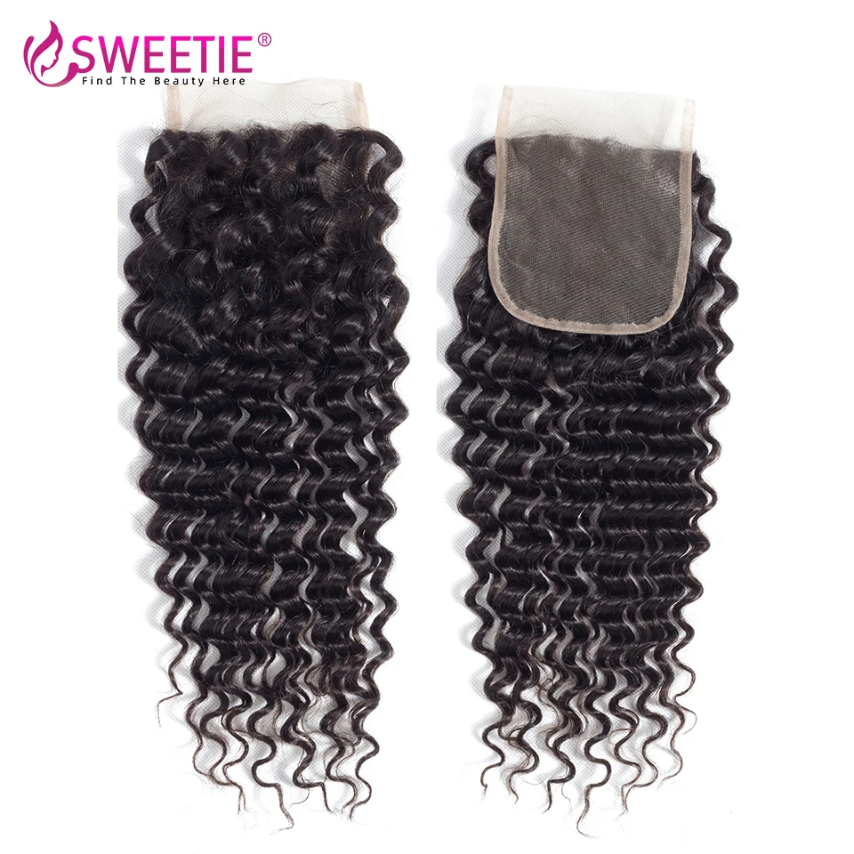 4x4 Deep Wave Closure 100% Human Hair Lace Closure Natural Color Remy Hair Extensions Brazilian Transparent Lace Frontal