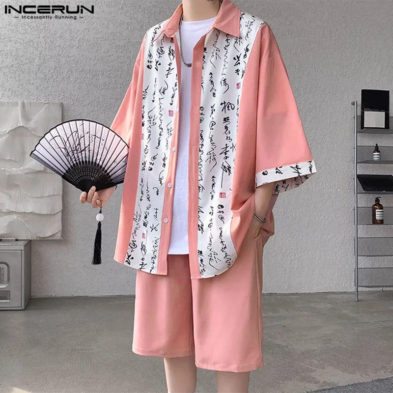 INCERUN 2024 Fashion Sets Men's Chinese Character Printed Patchwork Solid Half Sleeved Shirts Shorts Casual Two-piece Sets S-5XL