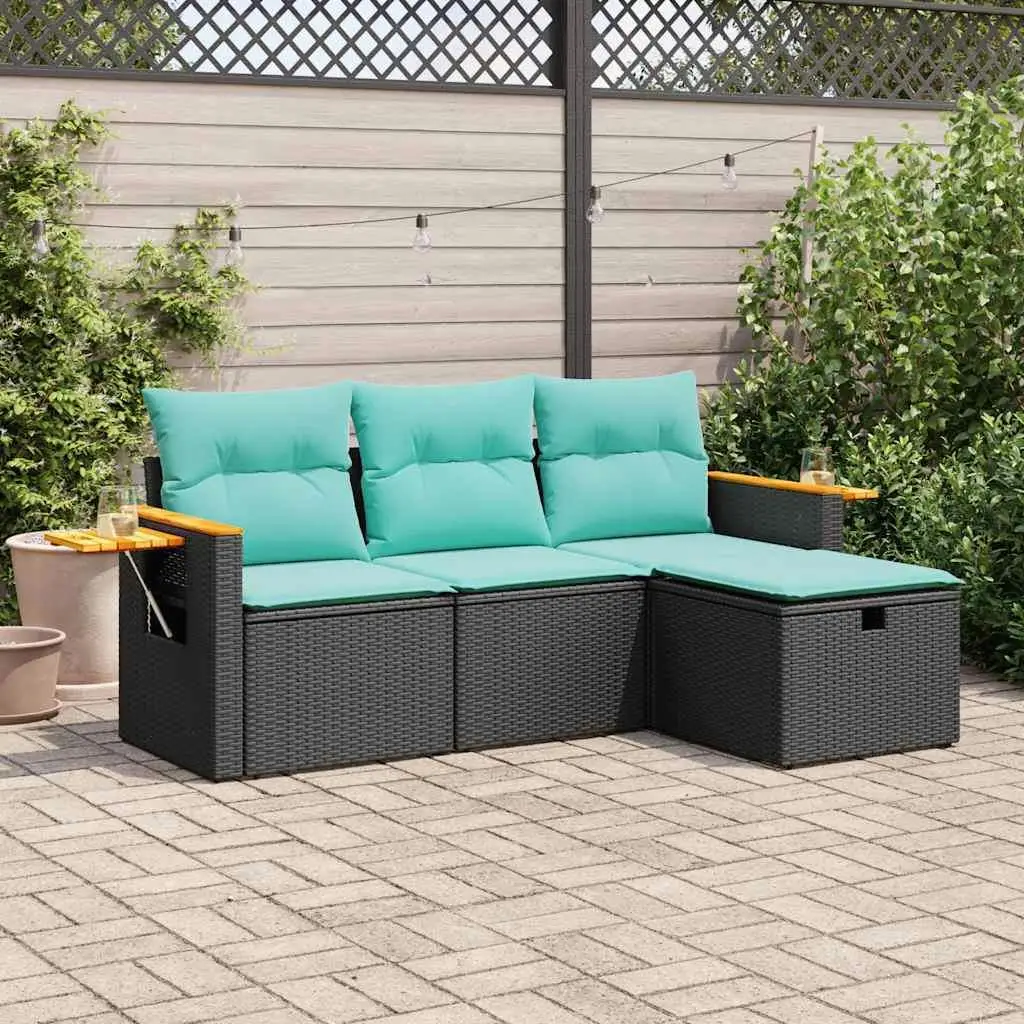 4PC Outdoor Rattan Sofa Set with Cushions - Stylish Black Patio Furniture