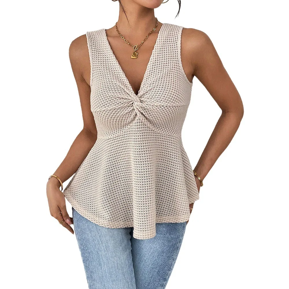 2025 Estate nuove donne moda matura pendolari T-shirt con scollo a V senza maniche ingombranti in vita Top elegante dimagrante