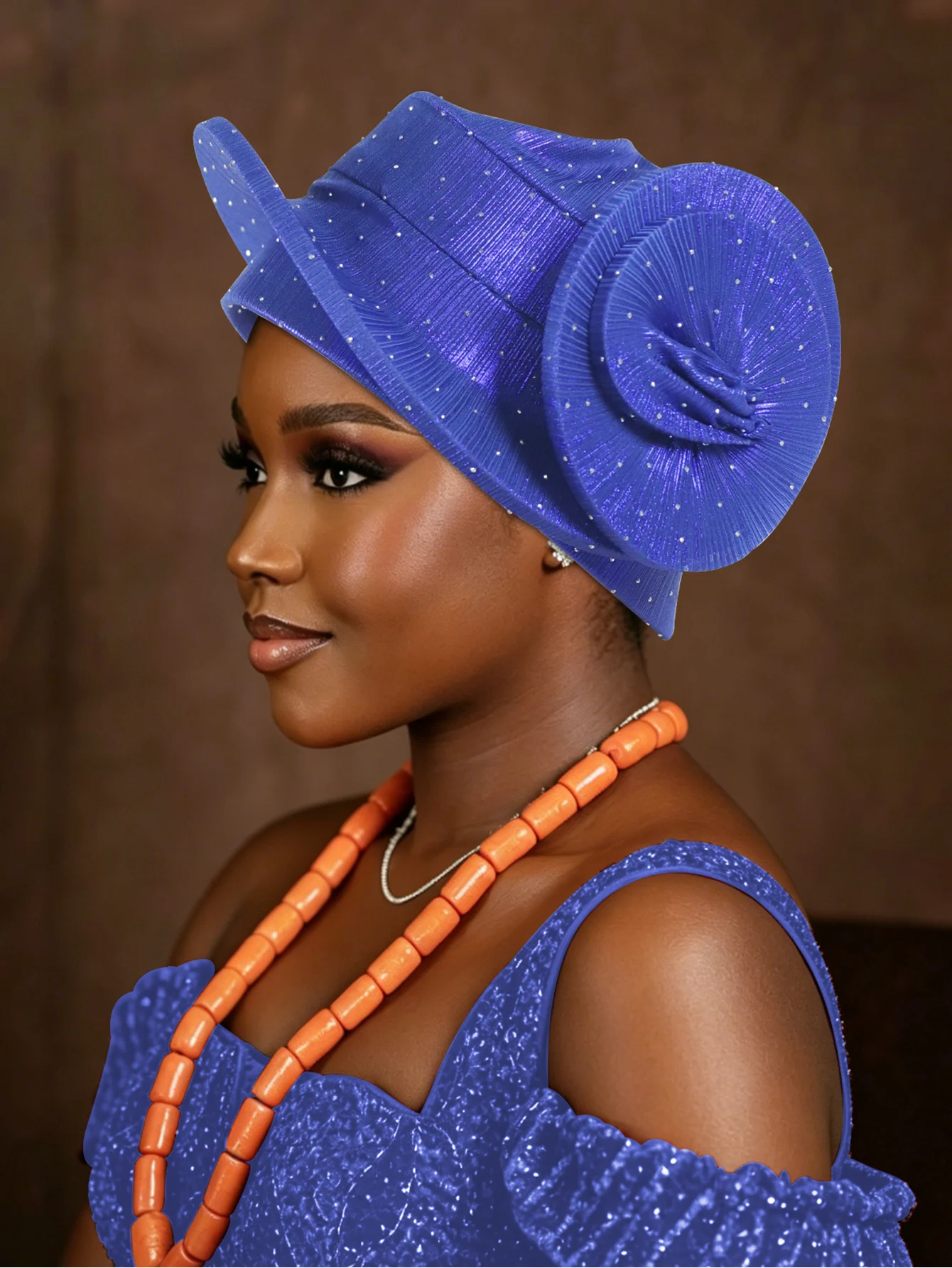 

African Pre Tied Auto Gele Rhinestone Beret Turban Cap Ladies Nigeria Wedding Party Headtie Fashion Decorated Head Wrap Headgear