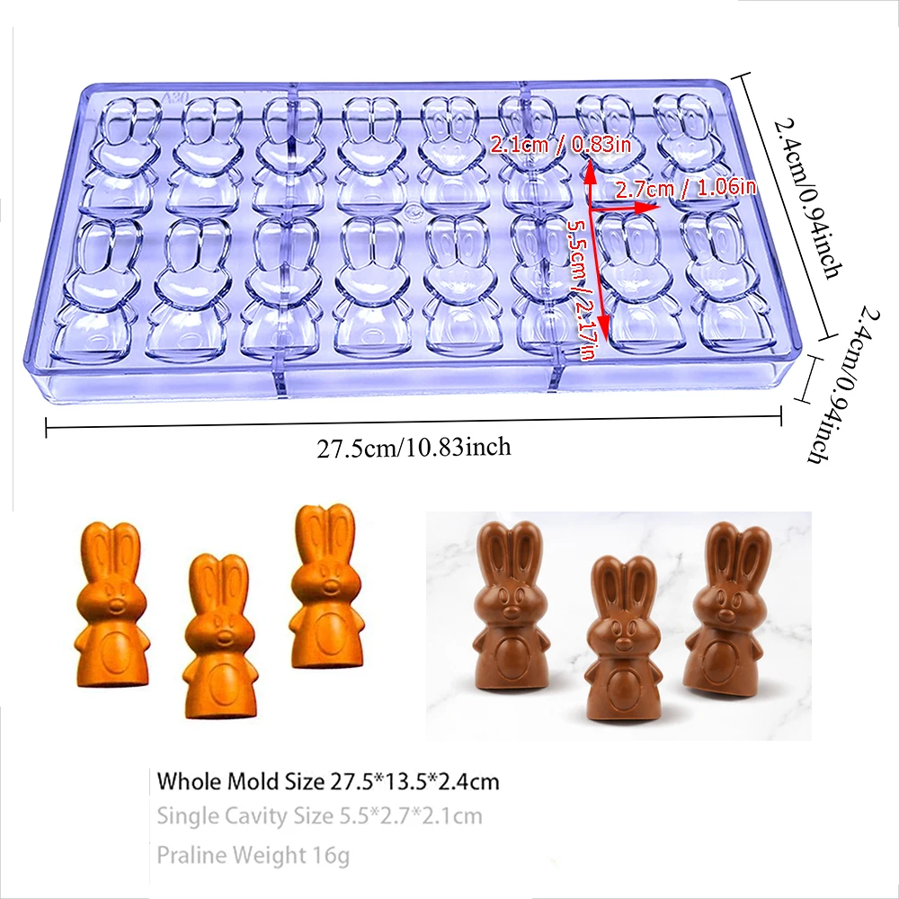 Polycarbonate 3D Hollow Rabbit Chocolate Mold, 16‑Cavity Two‑Part Spliced Bunny Candy Mould for Easter DIY Bonbon