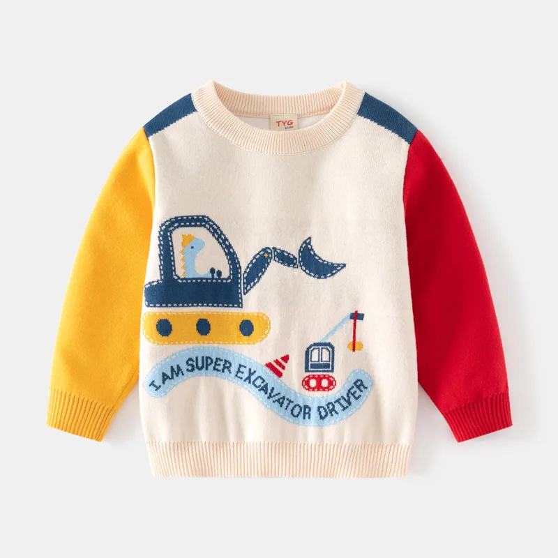 Winter Boy Sweater Cute Baby Knitted Top Print Excavator Kid Boy Long Sleeve Sweatshirt Casual Children Sweater Clothes