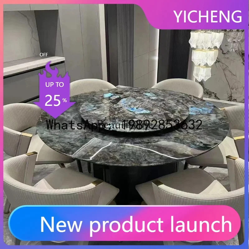 

QQ Blue jadeite dining table round natural luxury stone large flat mansion living room home