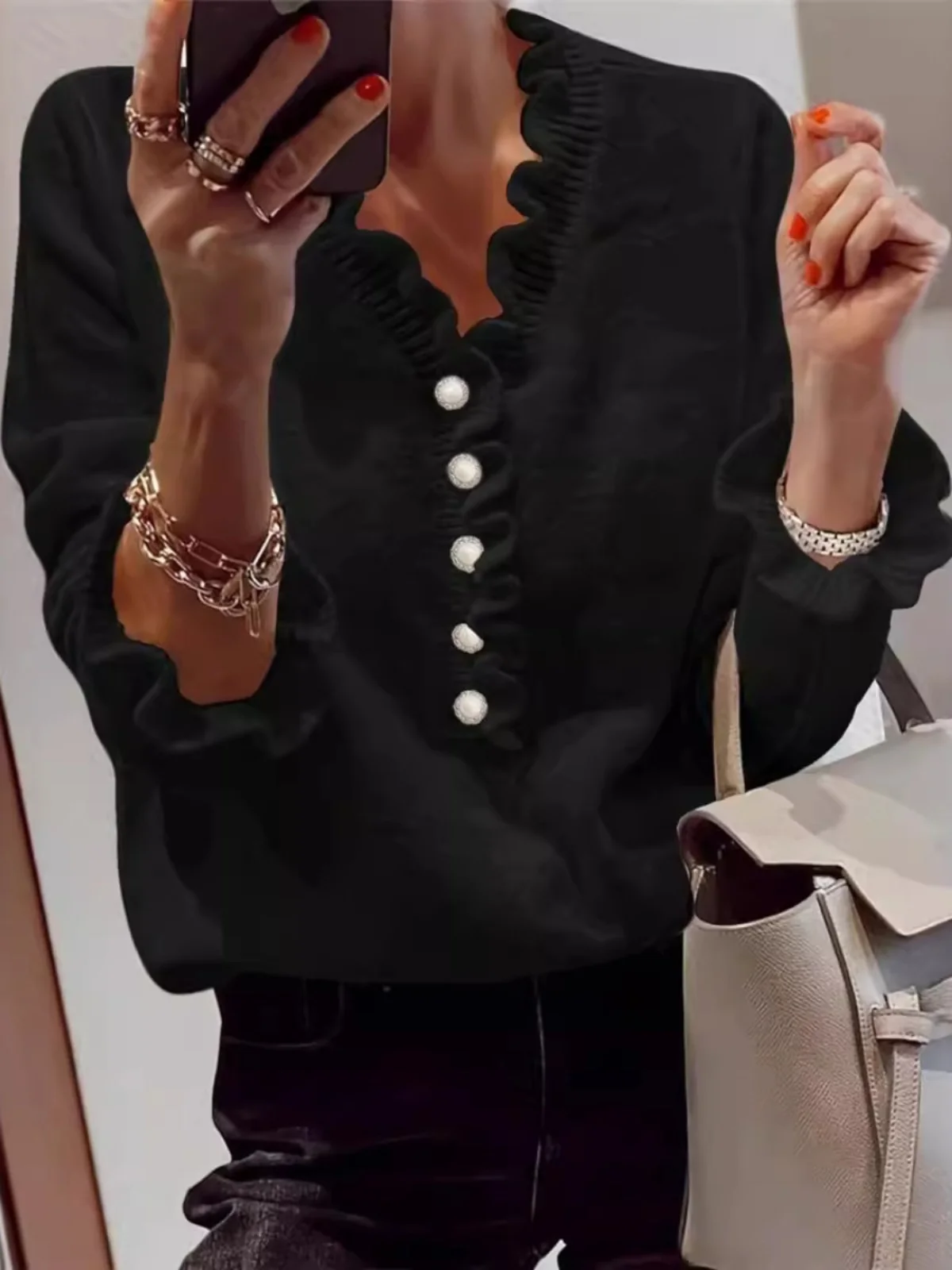 

Sli Long Sve Ruffled Vne Sweater Pure Color Floral Women's Sweet Fit Sle Polyester Fiber Spring Autumn Wear