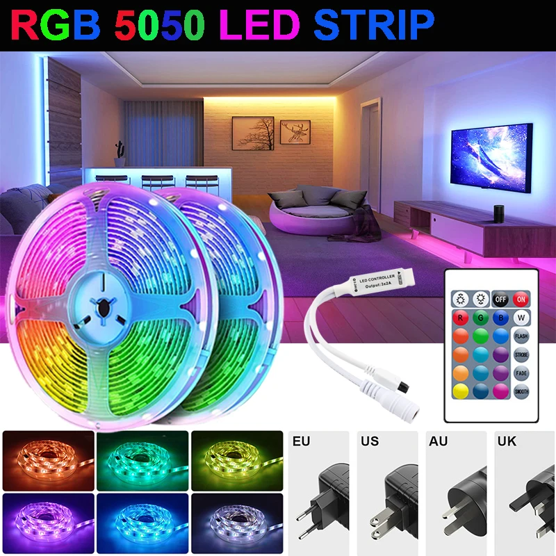 

5050 Rgb Led Strip Lights 24Key Rgb Led Tape 30M 220V Neon Strips Smart Control Led Lights Strip 20M Gaming Room Decoration 5M