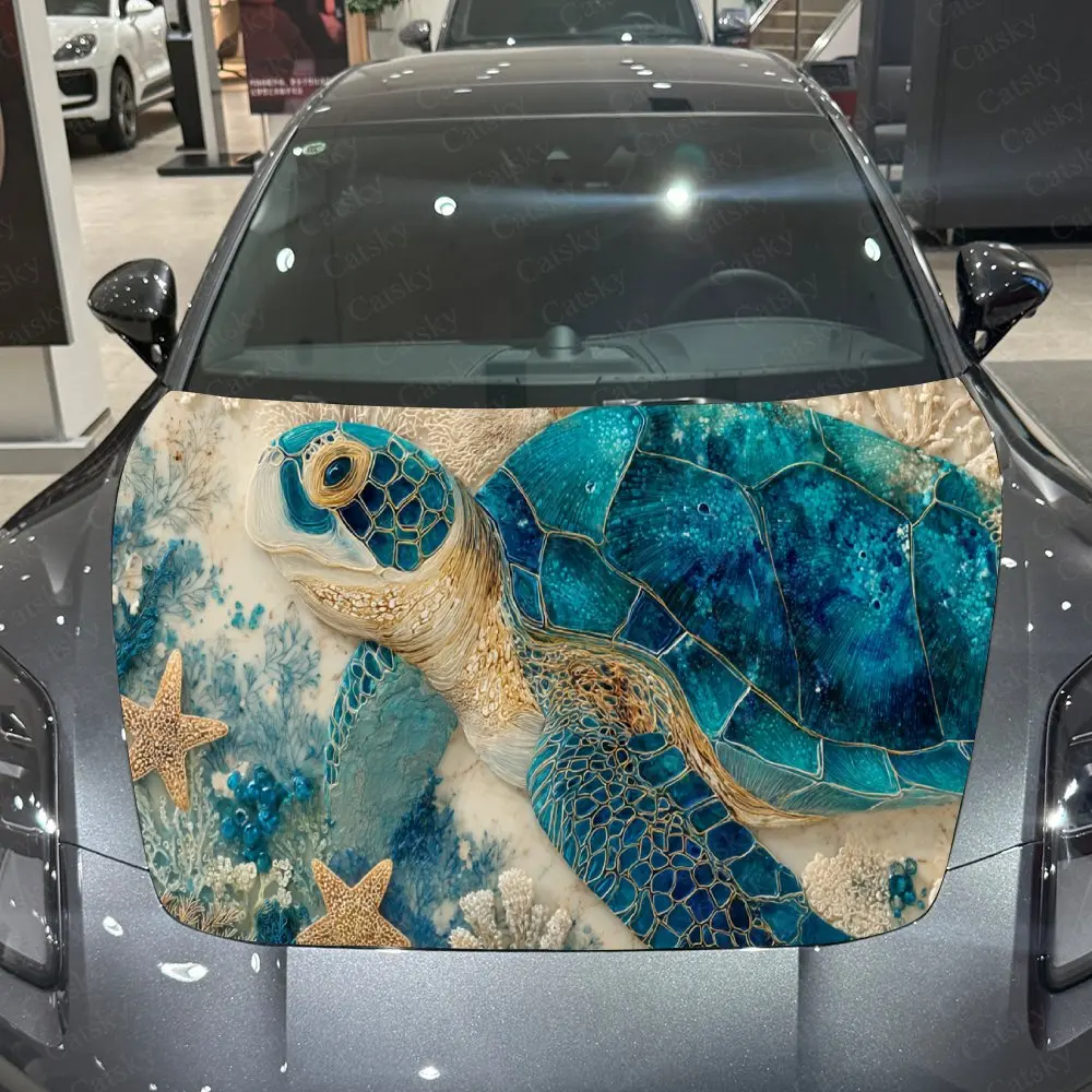 Blue Turtle in Dynamic Ocean Wave Car Hood Stickers - Self-Adhesive, Waterproof and Durable Vinyl Wrap, Decorate And Protect You