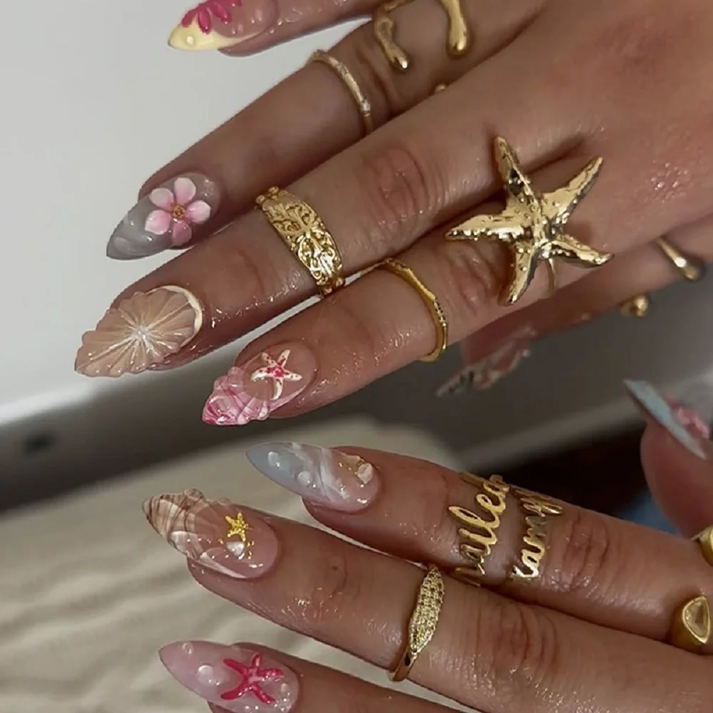 

Pink Gradient French Press on Fake Nails Mid-length Almond False Nails Flower Starfish Wearable Full Cover Nails Ocean Type