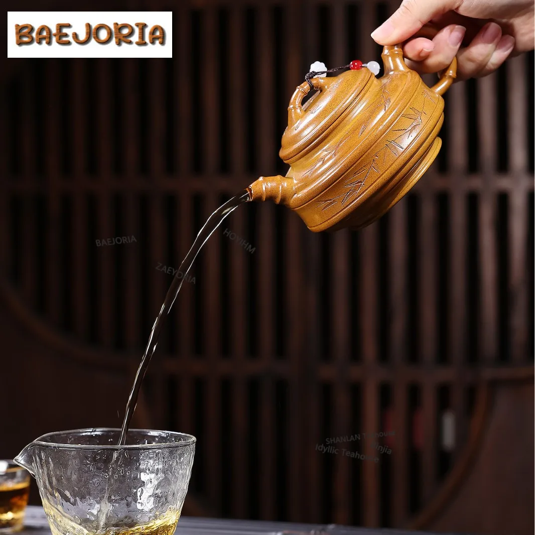 320ml Retro Yixing Purple Clay Teapots Handmade Double Line Bamboo Drum Pot Raw Ore The Keel Gold Sand Mud Kettle Zisha Tea Set