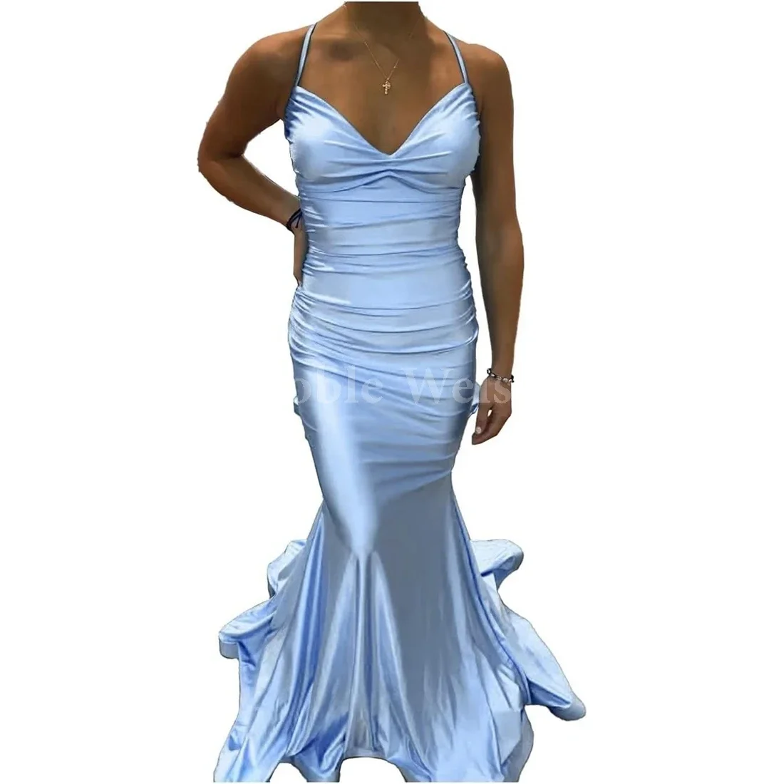 

Elastic Satin Mermaid Prom Dresses Long for Women V-Neck Formal Evening Gowns for Wedding Guest Cross Back Customized