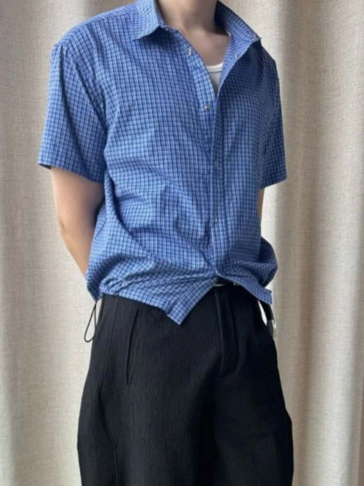 Blue Vintage Plaid Short Sleeve Shirt for Men & Women Summer Loose Fit Casual Drawstring Waist Versatile Button Down Top