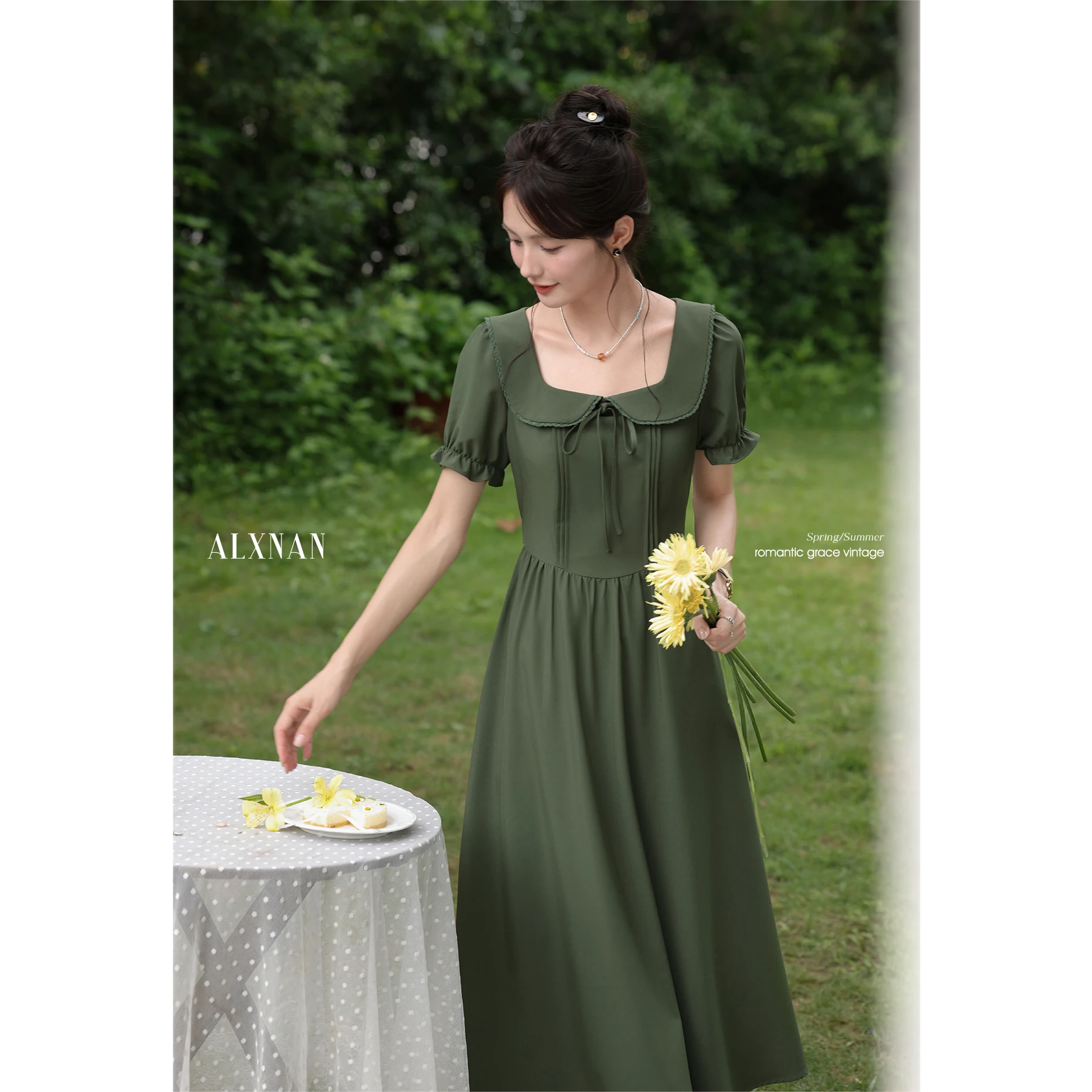 

ALXNAN Women's Green Dress Long Elegant Square Neck Puff Sleeves Dress 2025 Summer Office Lady Short Sleeve Clothing DYL661912