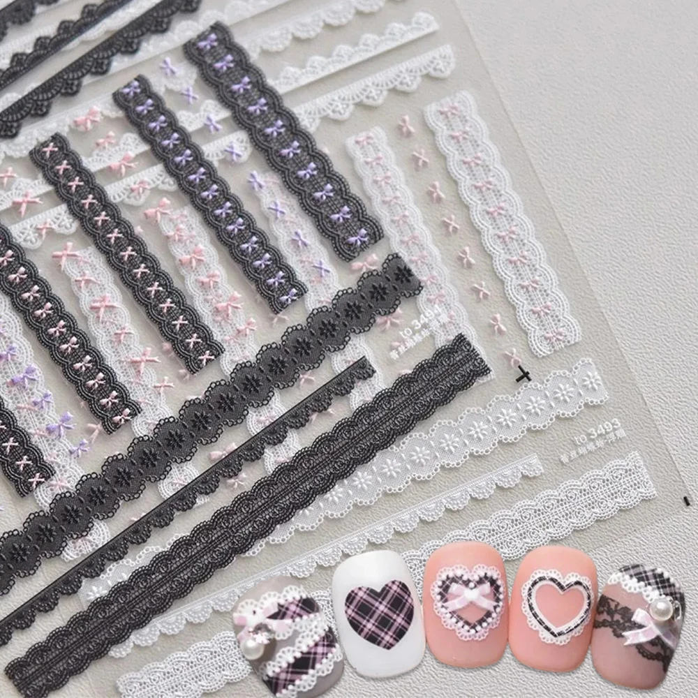 

Sweet Pearl Lace Bow Nail Stickers Love Heart Pink White/Black/Pink Lace Bow Self Adhesive Nail Art Decorations Decals Accessory