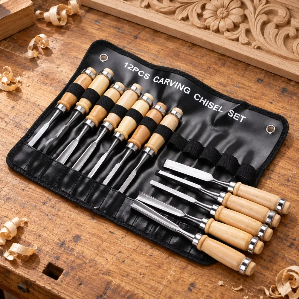 WXCOO Woodworking Gouge Chisel Kit 12PCS Full Size Sharp Wooden Handle Tools with Pouch for Carving Projects and Carpentry Work