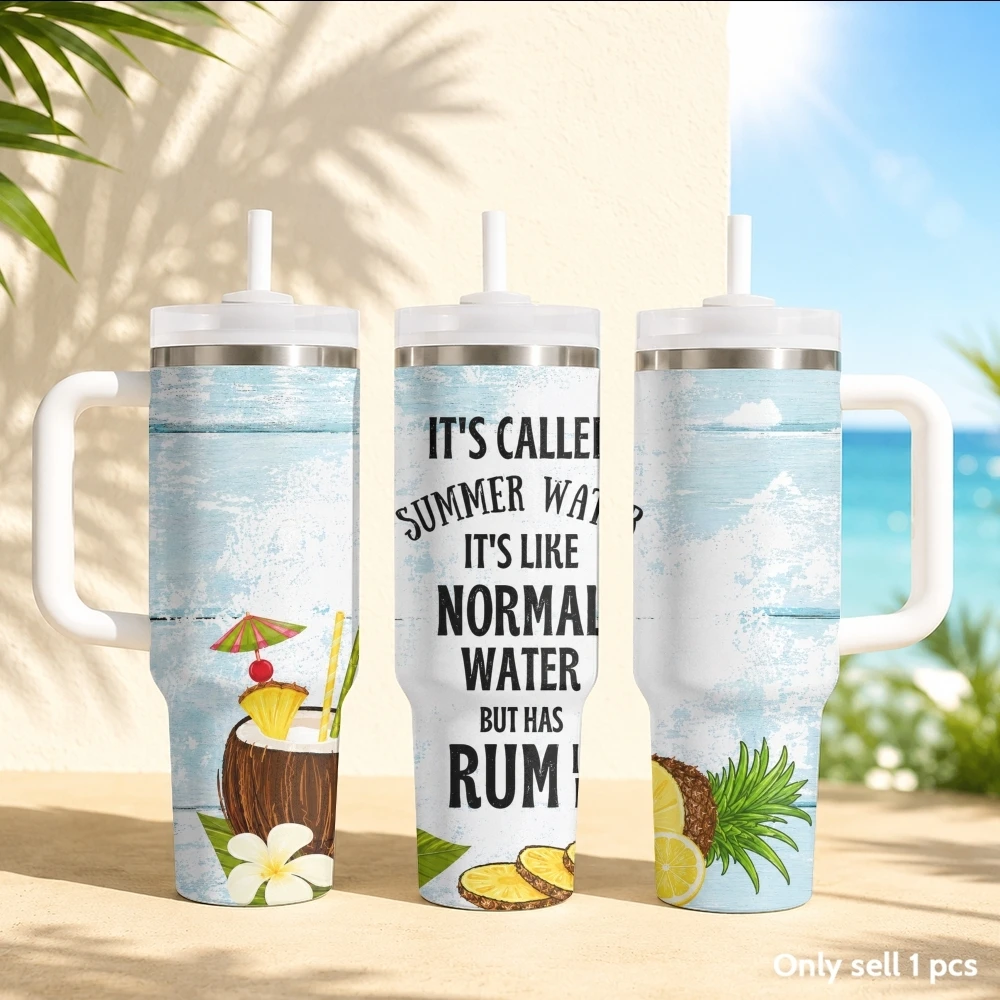 Summer beach elements Vacuum Flasks 40oz Stainless Steel Insulated Tumbler with Handle & Straw Leakproof Travel Mug