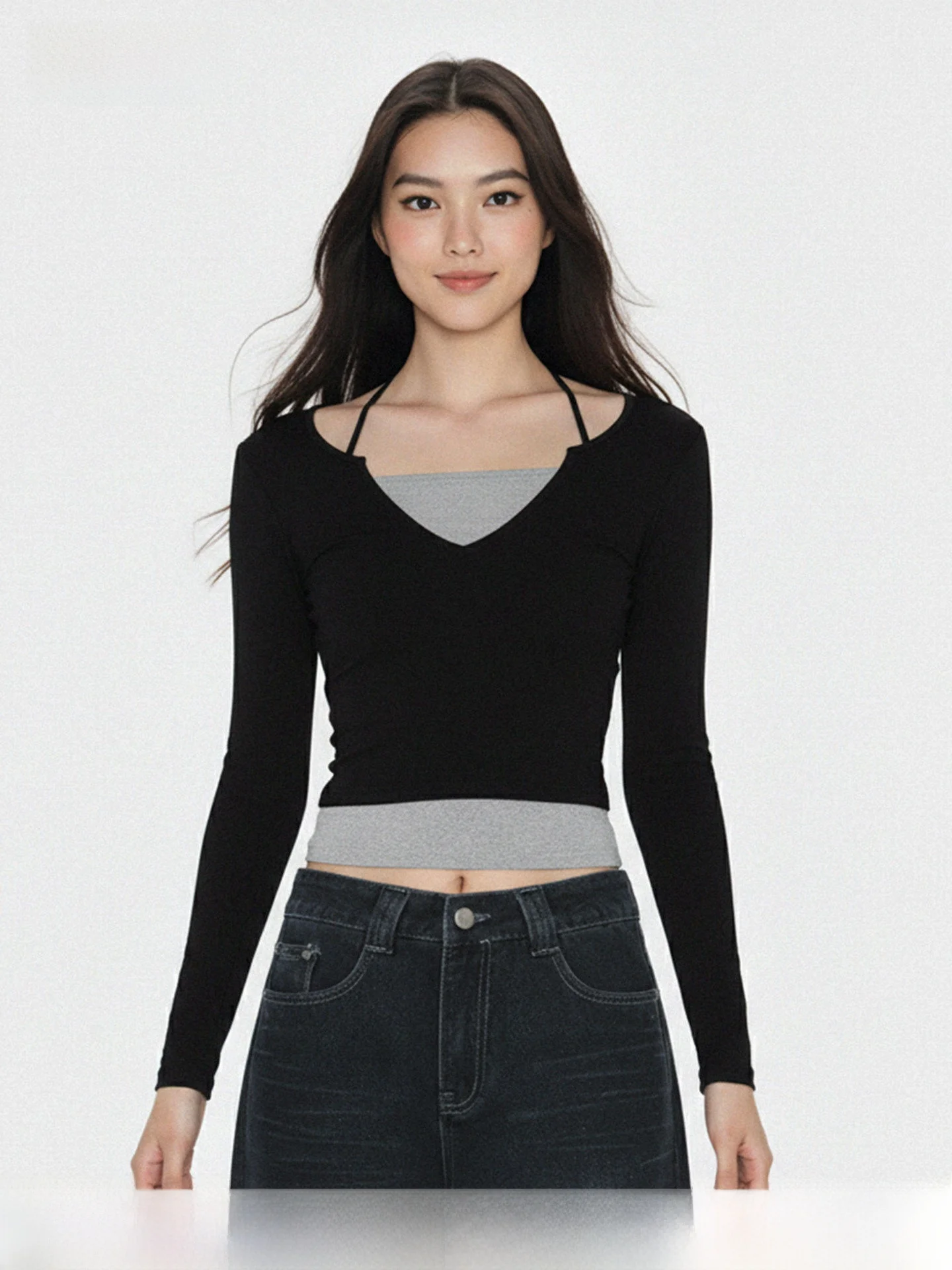 

WAEW Slim Fit Long Sve V-Ne T-irt with Belt Casual Sle Color Blo Ne Hanging Design for Women Spring Season