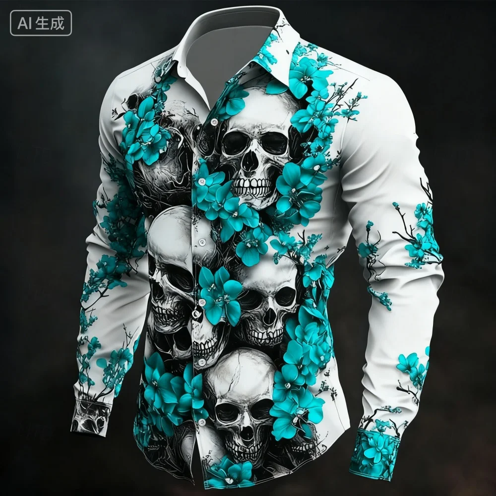 Men's Classic Skull 3D Printed Halloween Shirt Long Sleeved Lapel Comfortable Holiday Party Clothing 11 Colors to Choose from