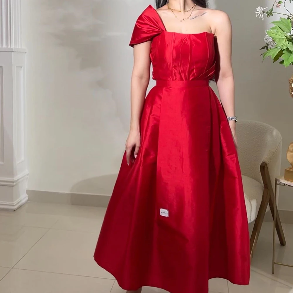 

Classic Pleats Ankle Length Evening Dresses Graceful A-Line Strapless One Shoulder Satin Short Sleeves Prom Gowns فساتين سهرة