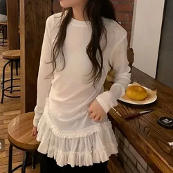 Ballet Tops&Tees Black Fungus Edge Folded Skirt Long Sleeve T-shirt For Girls Spring Y2K High Quality Stacked Bottom Shirt New