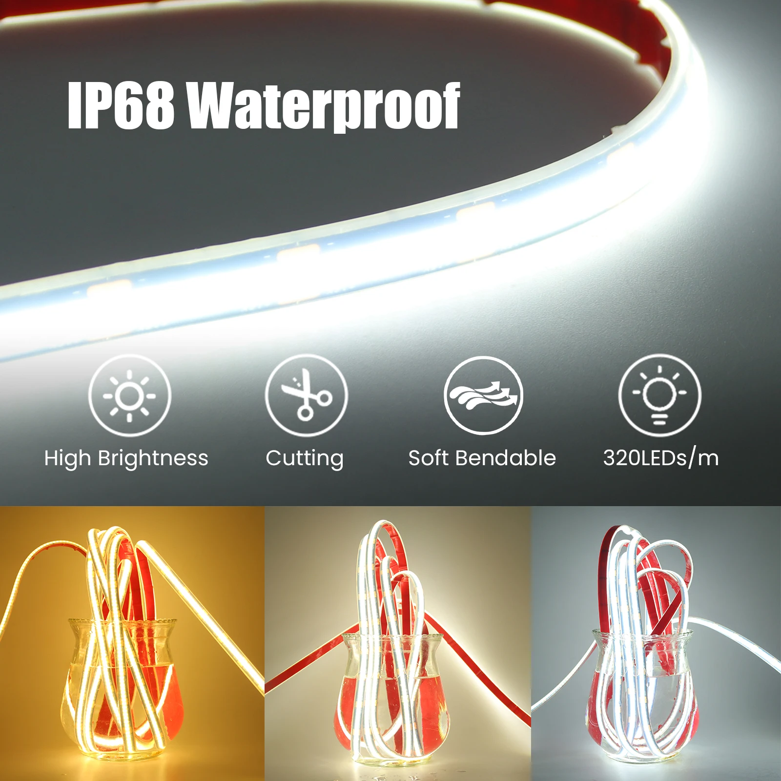 IP68 شريط ضوء COB مقاوم للماء بالكامل 12 فولت 24 فولت 3000 كيلو 4000 كيلو 6000 كيلو شريط مرن PCB أسود لتزيين حوض السباحة في الهواء الطلق والحديقة
