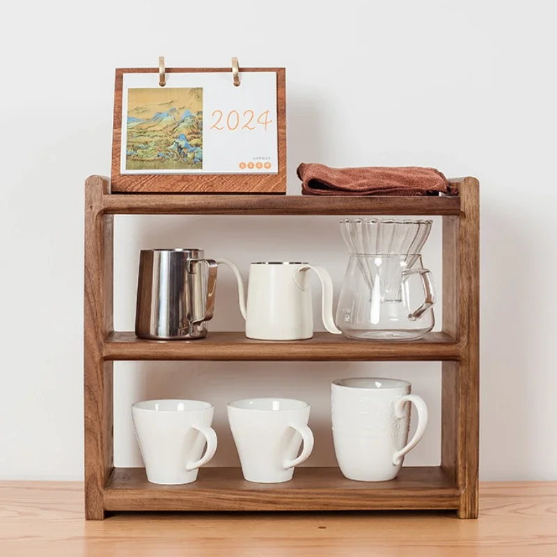 Black Walnut Solid Wood Organizer ， Tea Sets Coffee and Cosmetics Vintage Desktop Storage Box Multi-Functional Wooden Rack