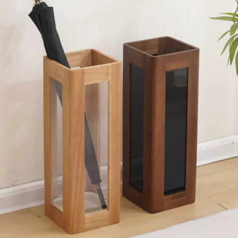 

Chinese Solid Wood Umbrella Storage Hotel Large Capacity Umbrella Bucket Transparent Acrylic Parasol Stand Including Water Tray