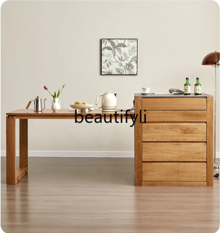 Cherry Wood Island Dining Table Integrated Square Multifunctional Oak Solid Wood Extendable Bar Table Nordic Dining Table